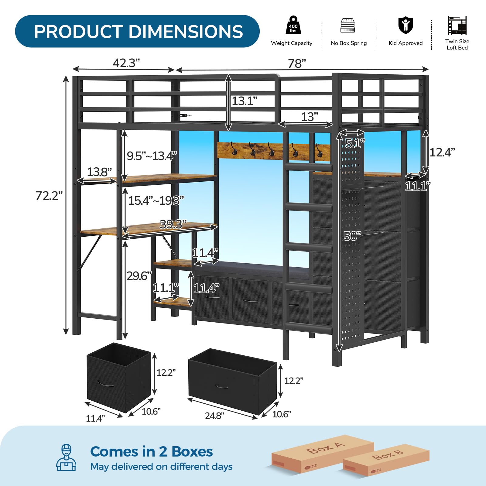 Twin Loft Bed with Desk, Storage & LED Lights