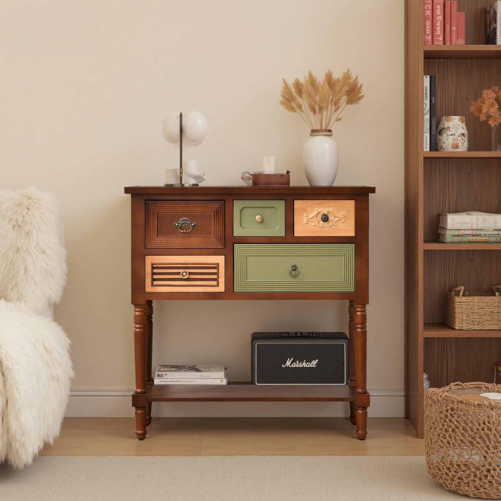 Vintage Accent Cabinet with Drawers & Open Shelf