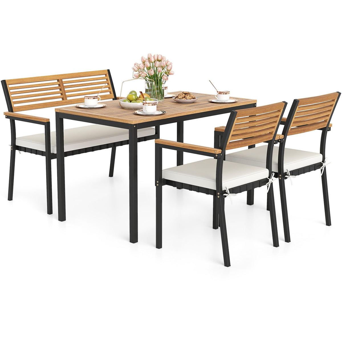 Tangkula 4 Piece Acacia Wood Outdoor Dining Set with 2 Stackable Armchairs