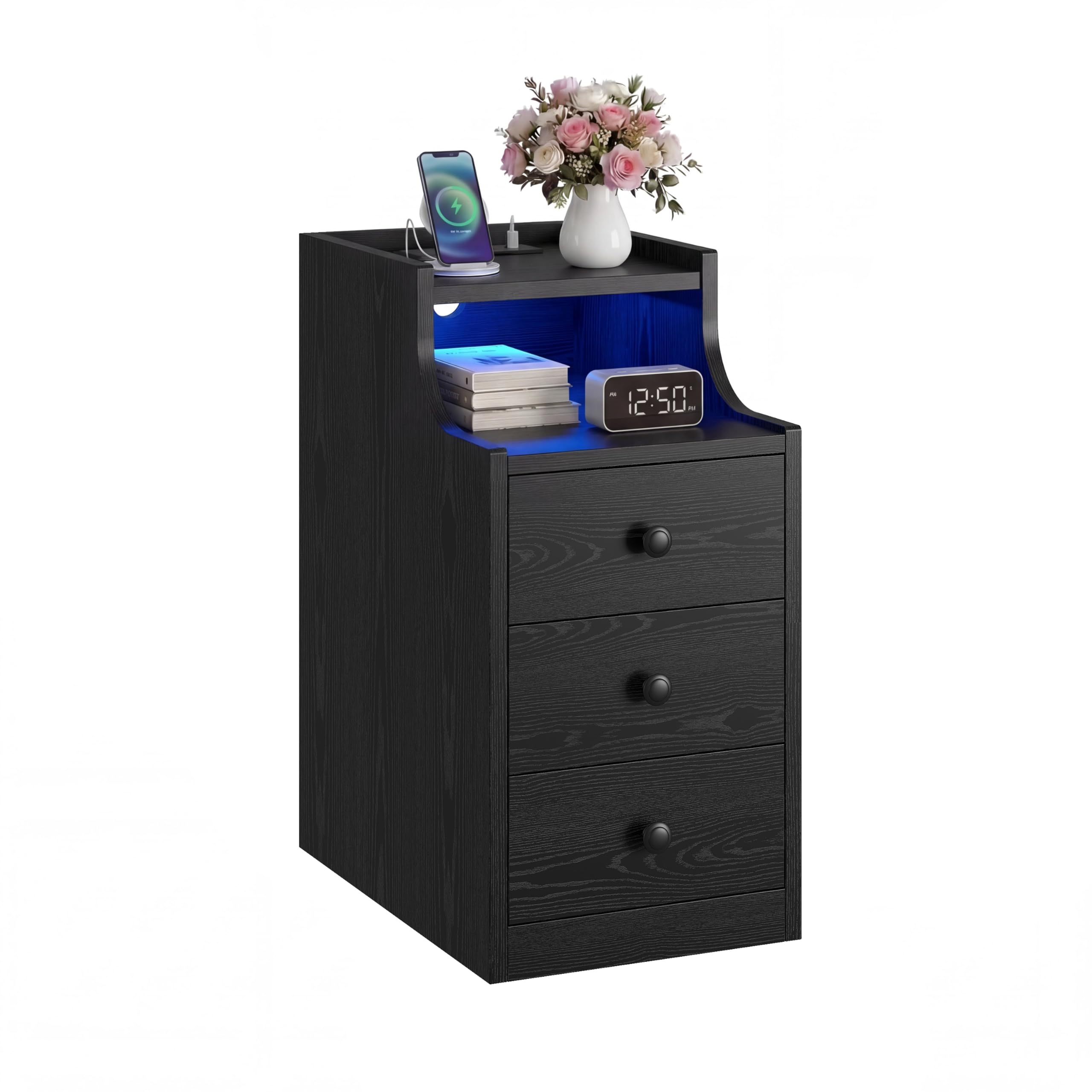 Nightstand with Charging Station, RGB LED Lights & 3 Drawers