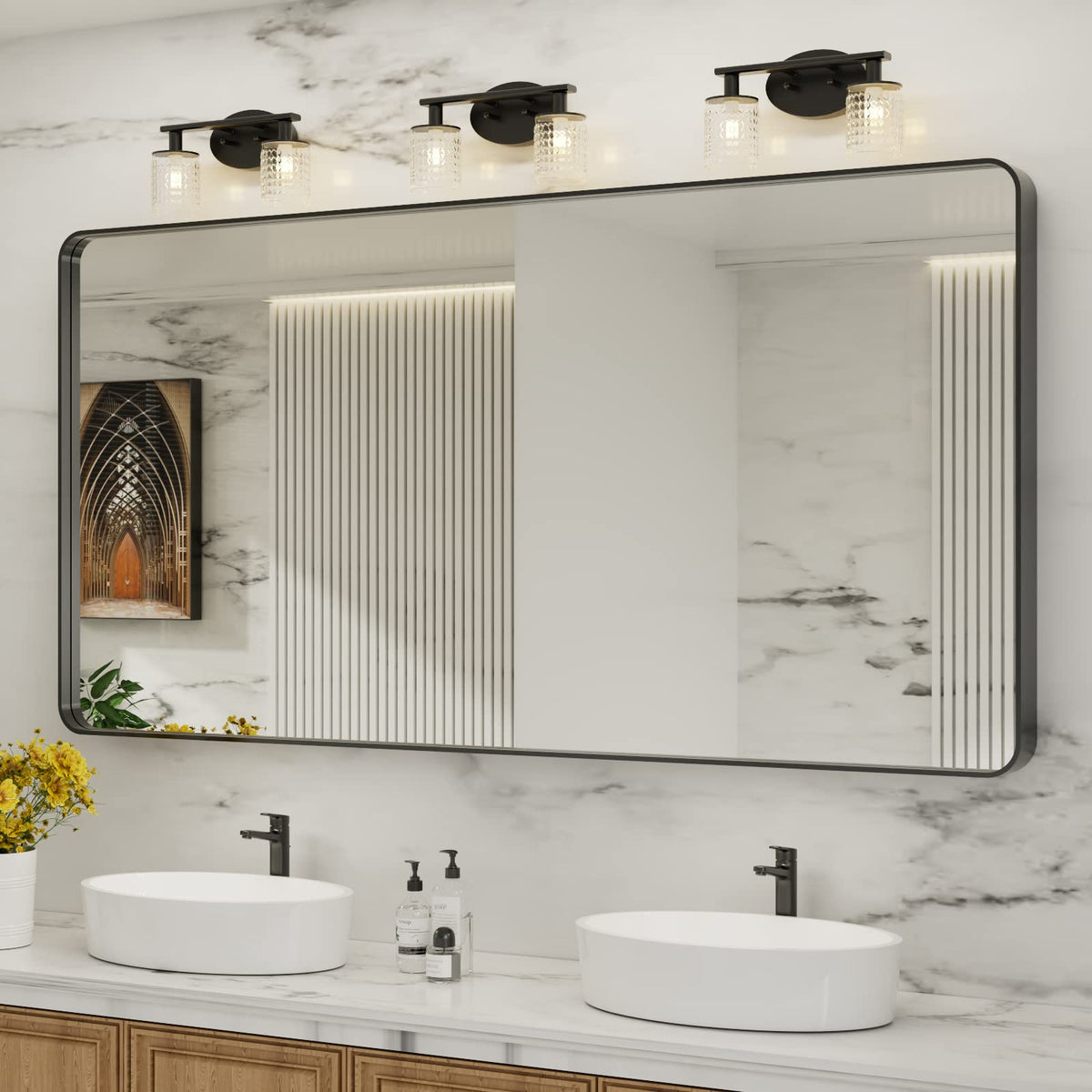 Black Metal-Framed Bathroom Mirror