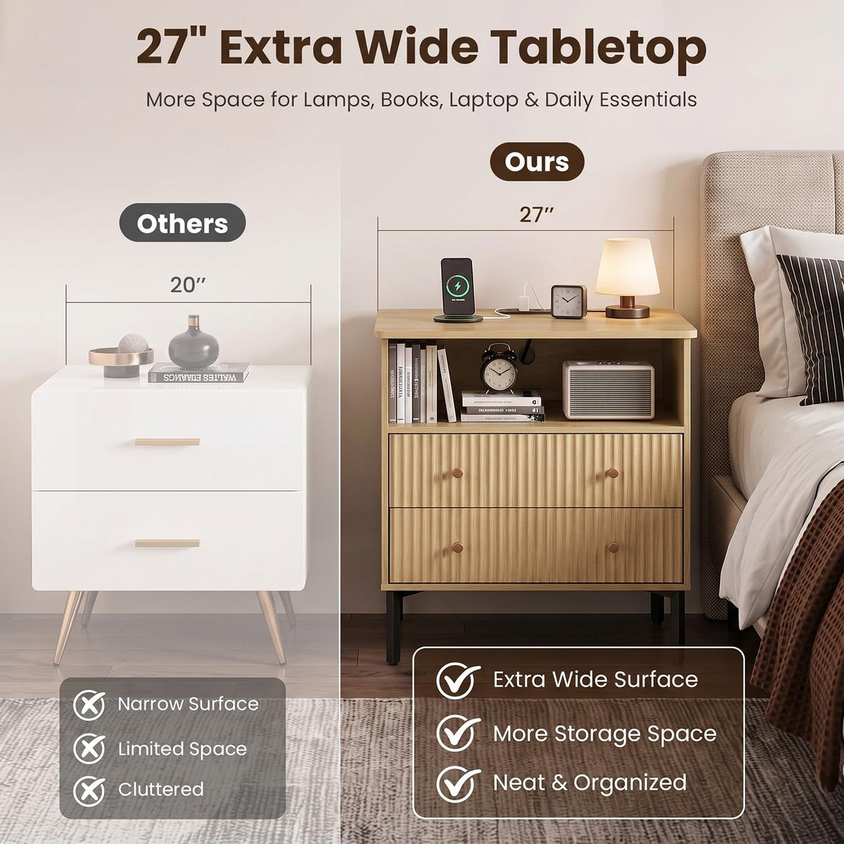 Fluted Nightstand with Charging Station
