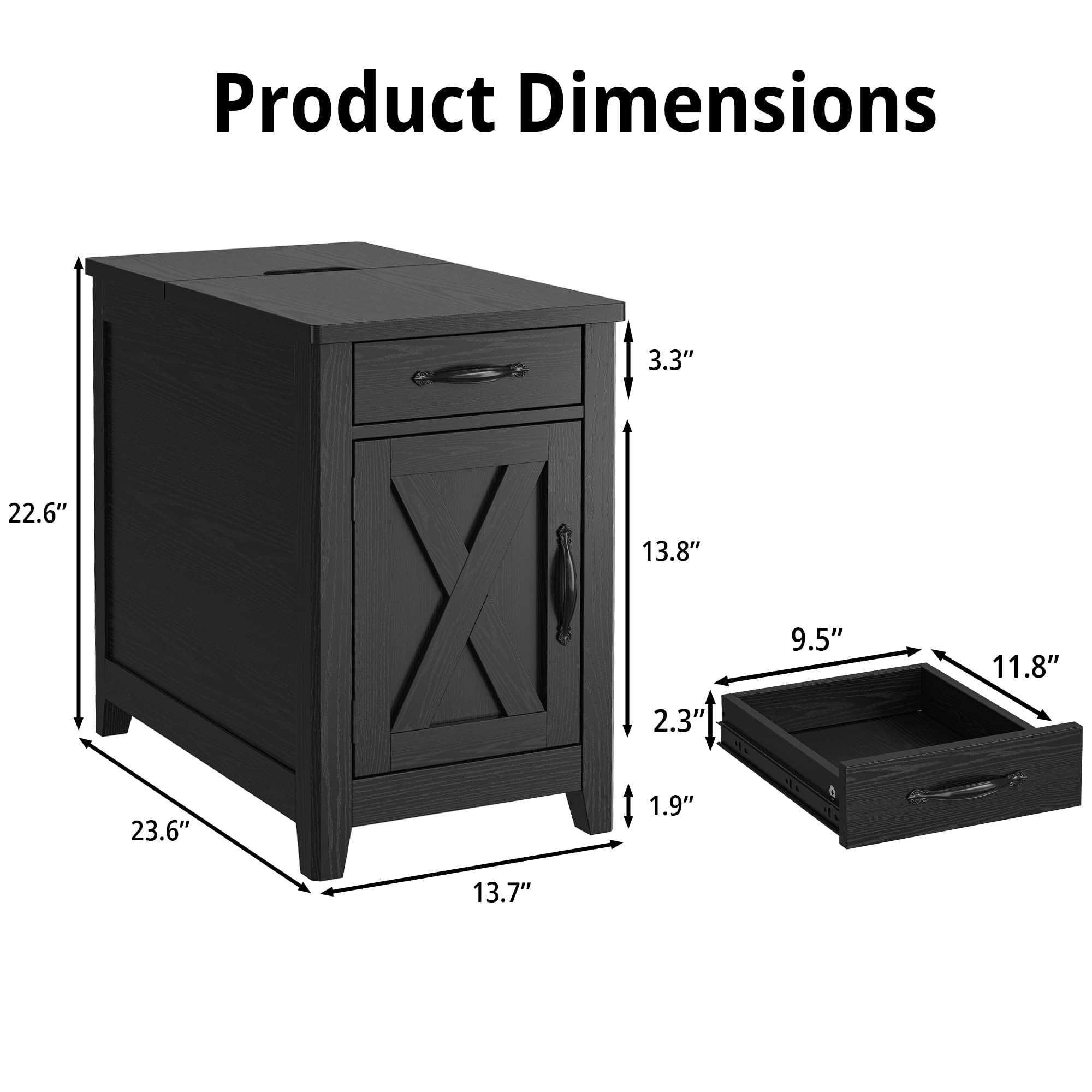 IRONCK End Table with Charging Station, Narrow Side Table for Living Room, Night Stand Set of 2 with Drawer and Cup Holder, Farmhouse Bedside Table with USB Ports and Outlets for Home, Black