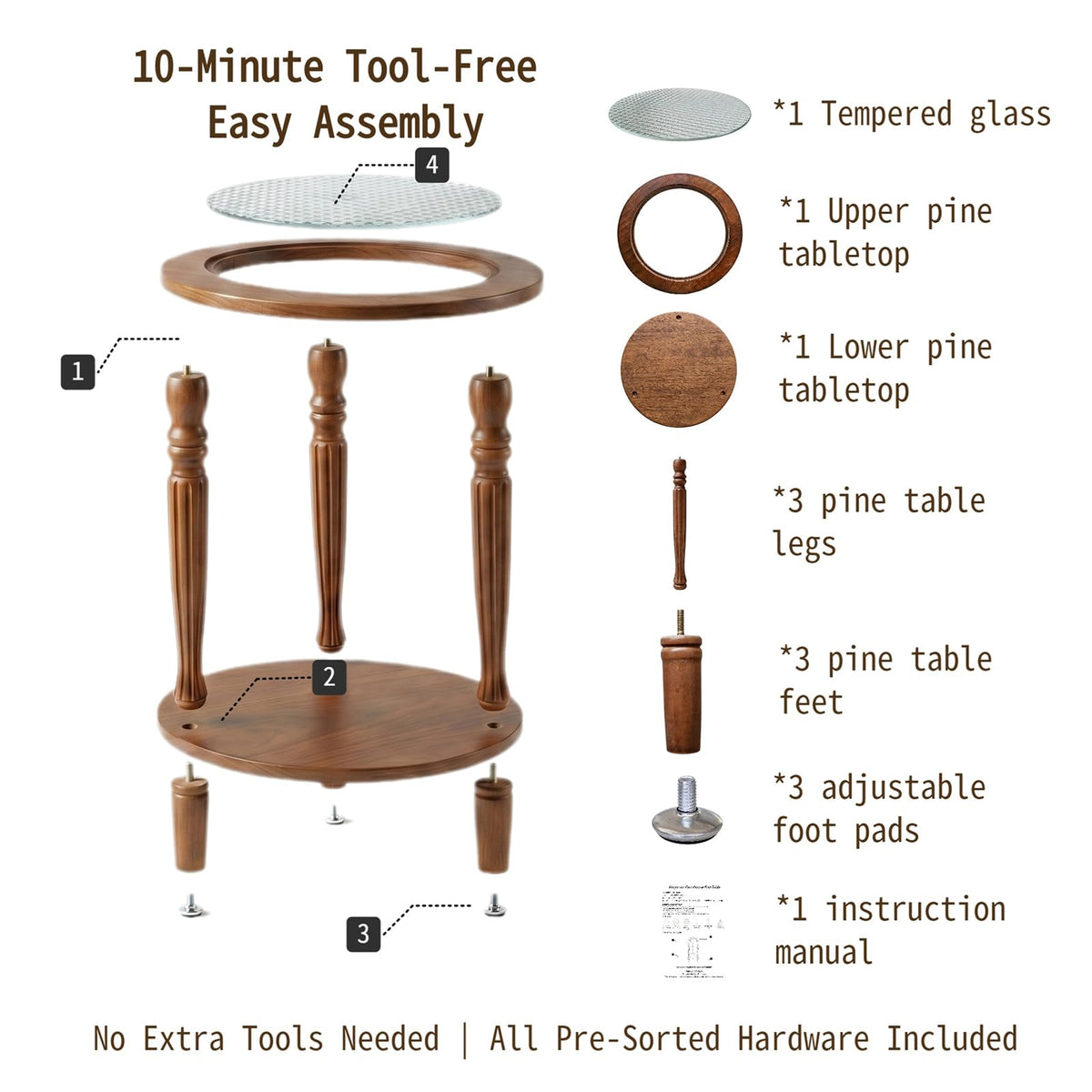 Huquczm Walnut Brown Round 2‑Tier French Vintage End Table with Glass