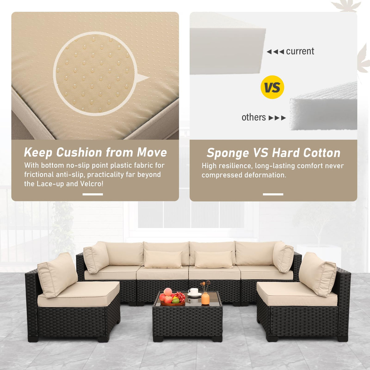 Lviden 7 Pieces Outdoor PE Wicker Furniture Set Patio Rattan Sectional Conversation Sofa Set with Khaki Cushions and Glass Top Table