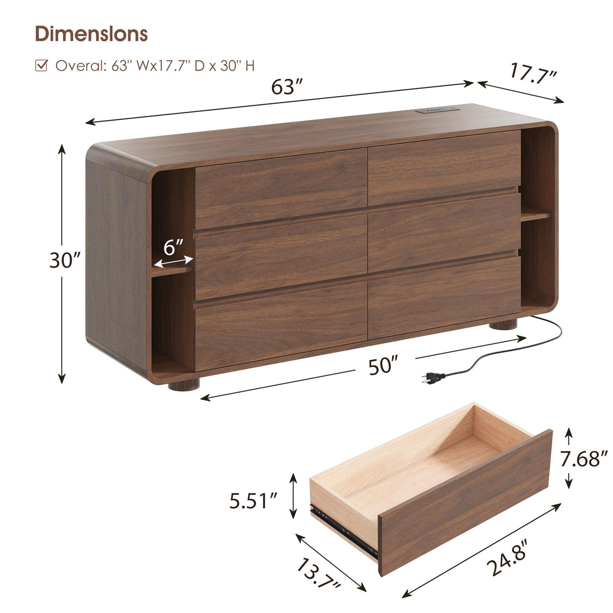 Whalefall 63 Inch 6 Drawer Dresser with Shelves, Rounded Corner, Walnut