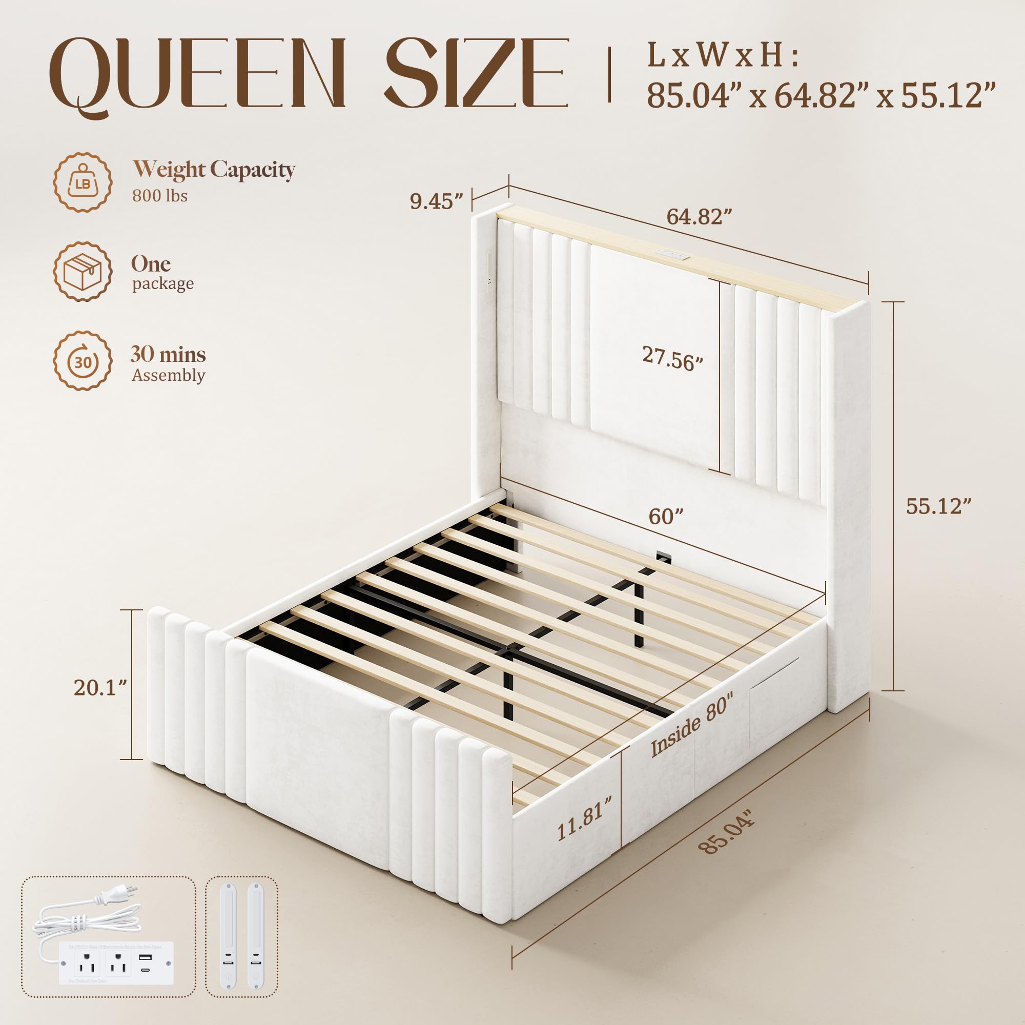 Velvet Wingback Platform Bed Frame with LED Reading Lights