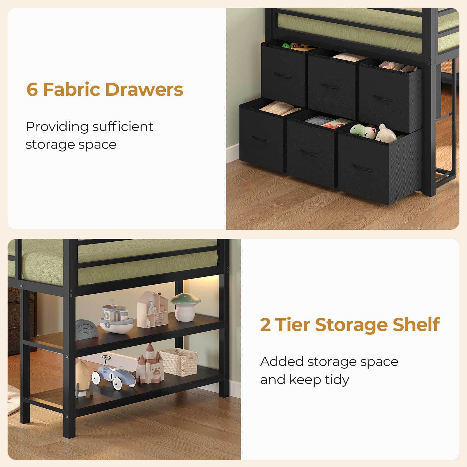 ADORNEVE Low Loft Bed Twin Size with 6 Storage Drawers, Twin Loft Bed with LED Lights, Metal Kids Loft Bed with Open Storage Shelves, Twin Bed Frame with 15" H Safety Guardrail for Kids, Black
