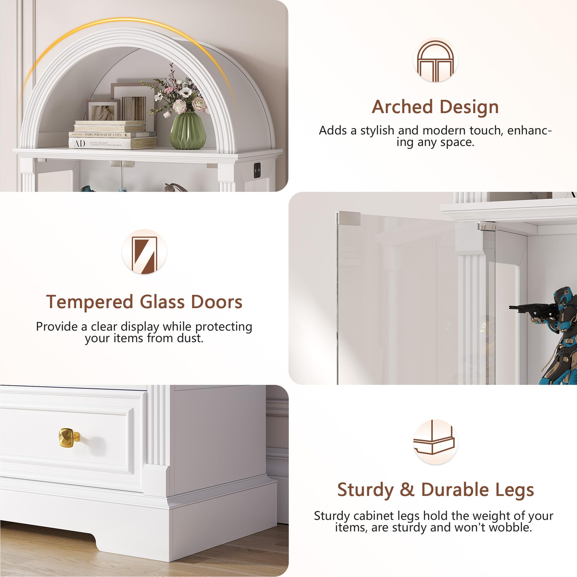 Arched Glass Display Cabinet with Motion Sensor LED Lights