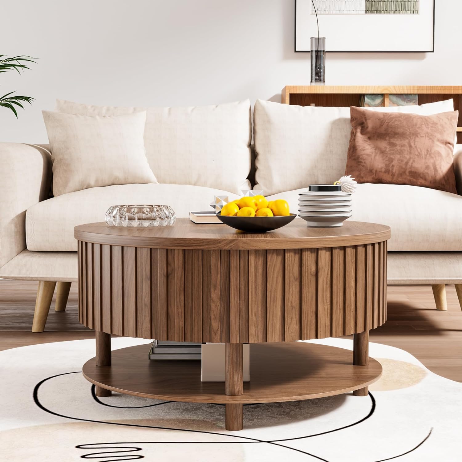 Limaoaio Round Lift Top Coffee Table with Storage, Mid Century Modern 2-Tier Circle Coffee Table with Hidden Compartment & Open Shelf, Fluted Wood Center Table for Living Room, Walnut