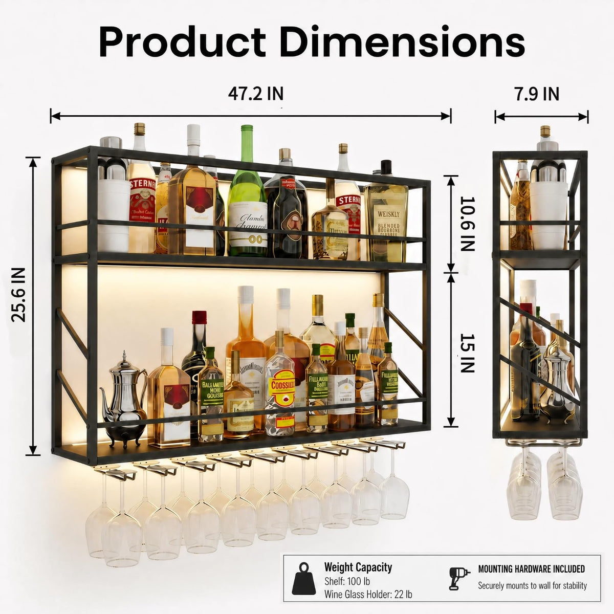 Woskar 2-Tier Wall Mounted Wine Rack with LED Lights,47.2”W x 7.8”D x 26”H