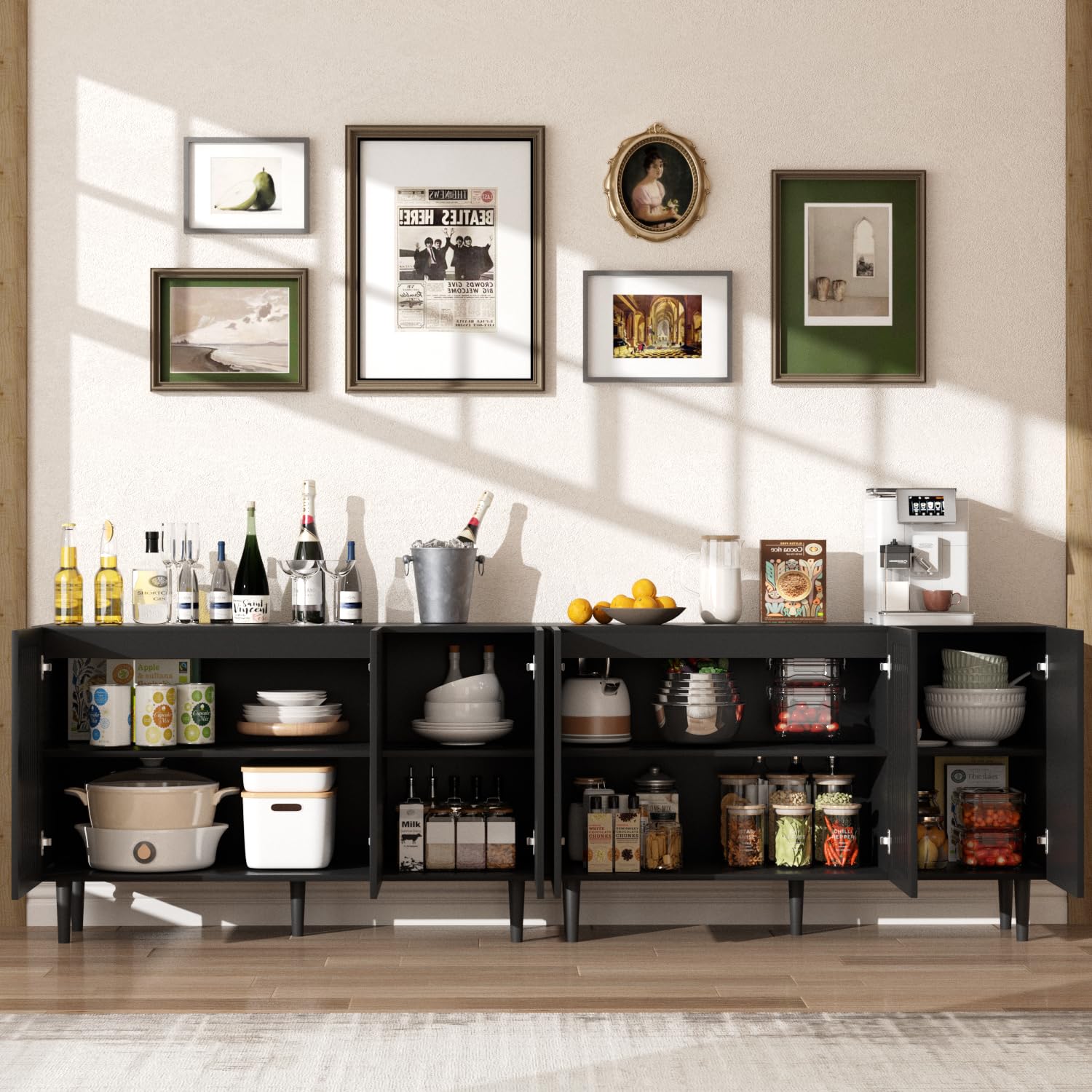 Storage Cabinet, 94.4" Freestanding Buffet Cabinet with 6 DIY Doors and Adjustable Shelf,Modern Sideboard Coffee Bar with Solid Wood Feet ,TV Stand for Living Room,Dining Room,Kitchen,Black,Set of 2