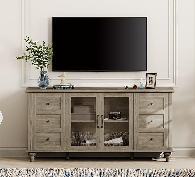 58" Farmhouse TV Stand with Glass Doors & Adjustable Shelf