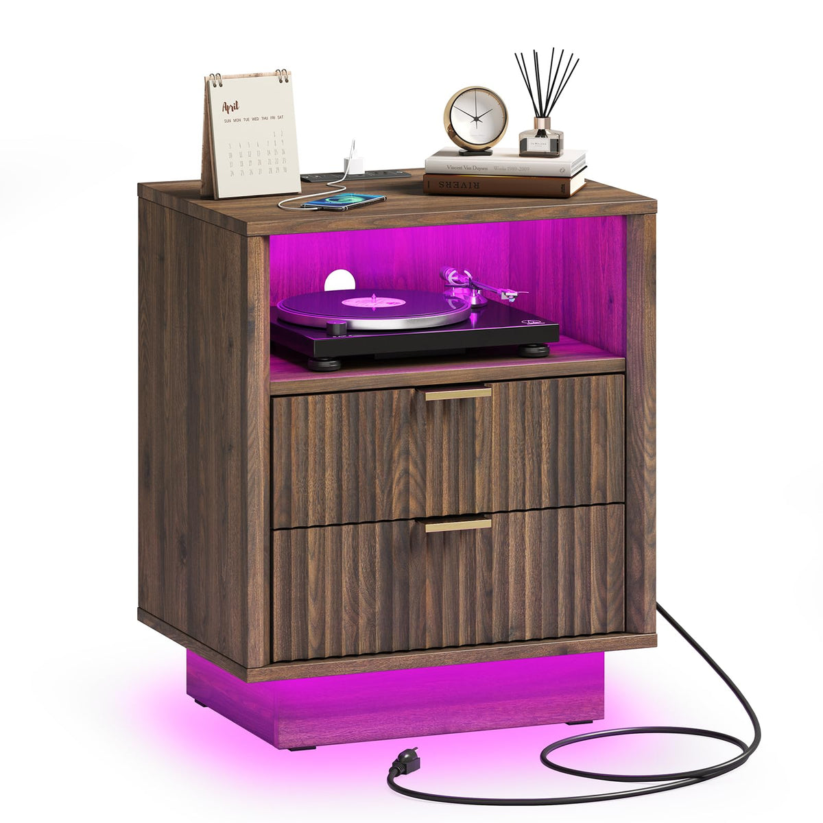 Nightstand with Charging Station, LED Light, 2-Drawer, Walnut, Bedroom