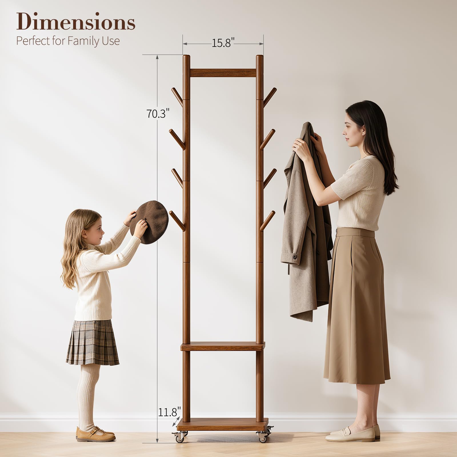 Solid Wood Rolling Coat Rack with Hooks & Shelves