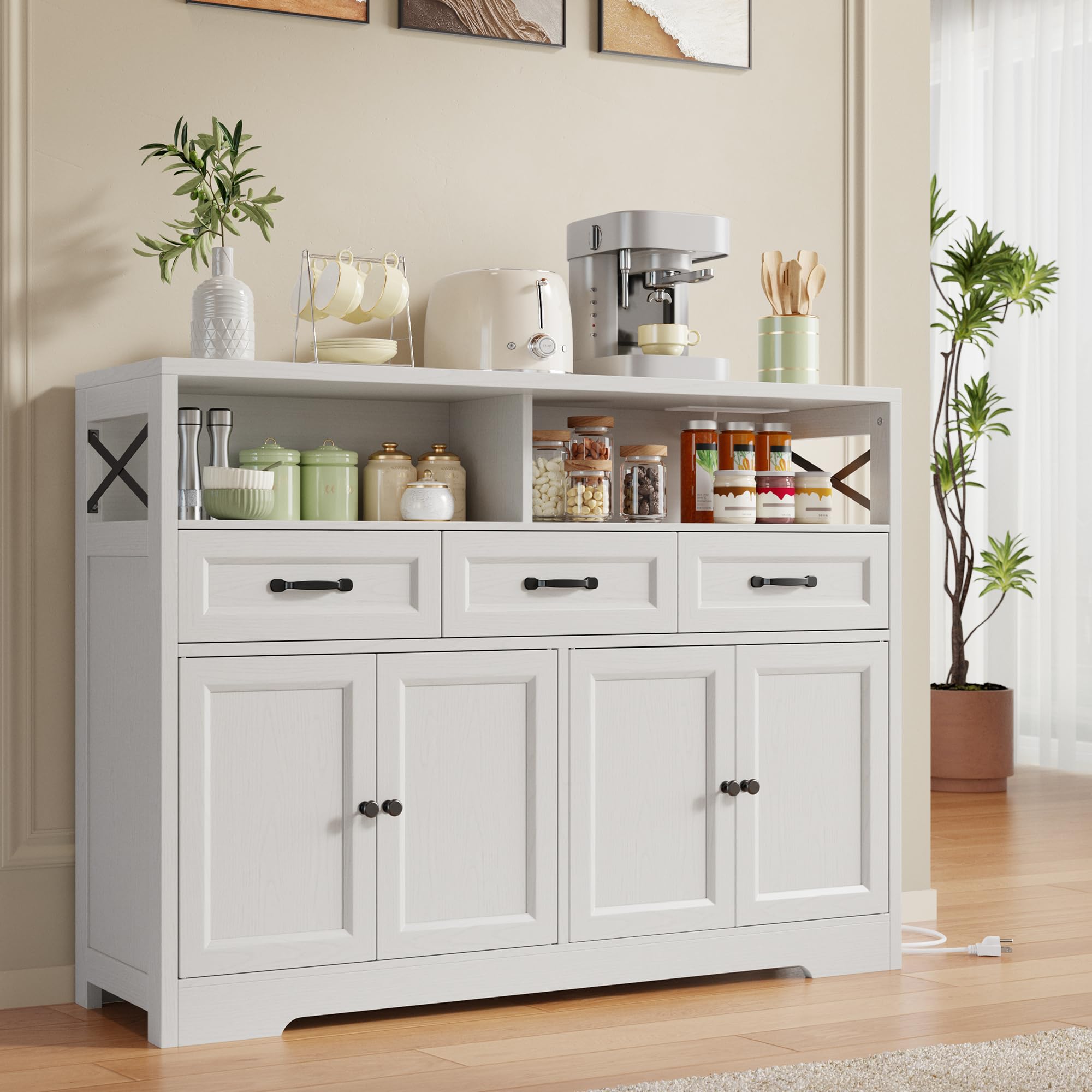Ahomly 51" Buffet Cabinet with Adjustable Storage, Charging Port - 3 Drawers & 4 Doors Large Sideboard, Multi - Scene Coffee Bar/Microwave Stand for Kitchen,Living Room,Entryway（White）