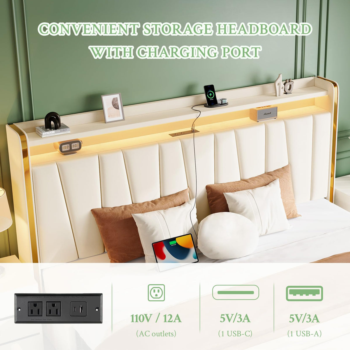 King Upholstered Storage Bed with LED Headboard