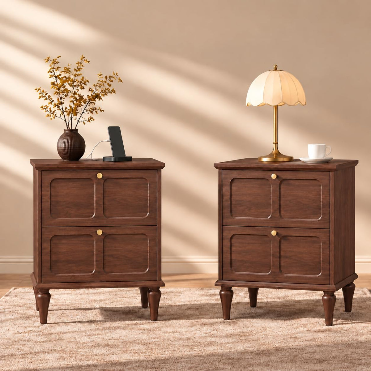 ARTPOWER Nightstands Set of 2 with 2 Drawers, Wood Bedside Tables, Brown