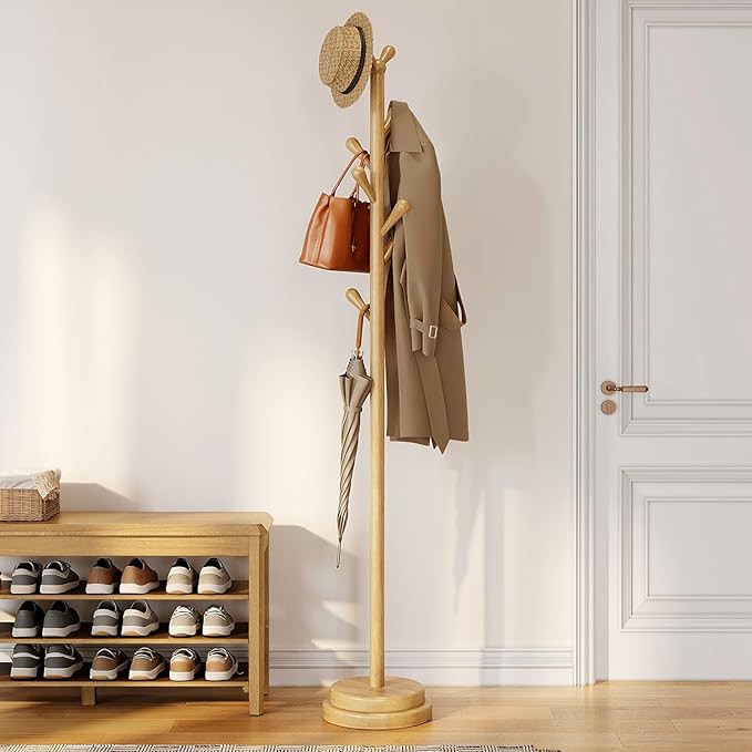 Freestanding Wooden Coat Rack with 8 Hooks
