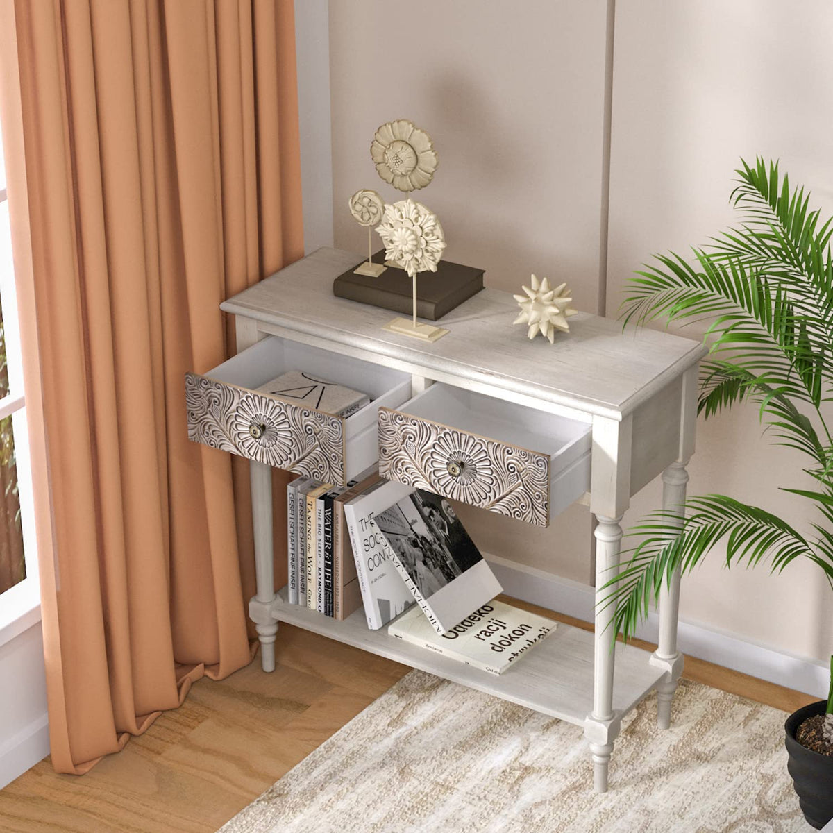 SUNBURY 31.5" Vintage Entryway Console Table, 2 Drawers, Beige
