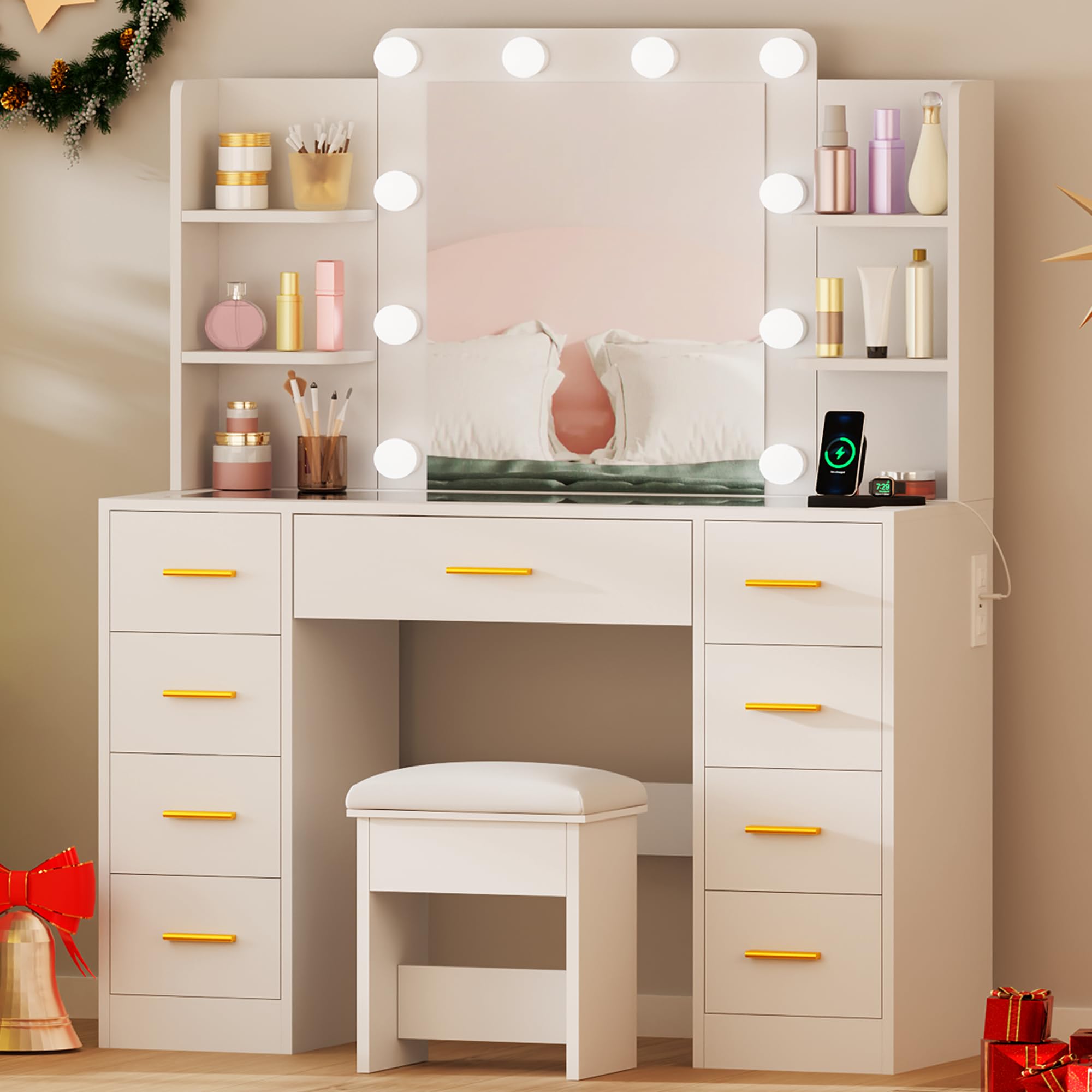 Vanity Desk with Mirror, Lights & Stool