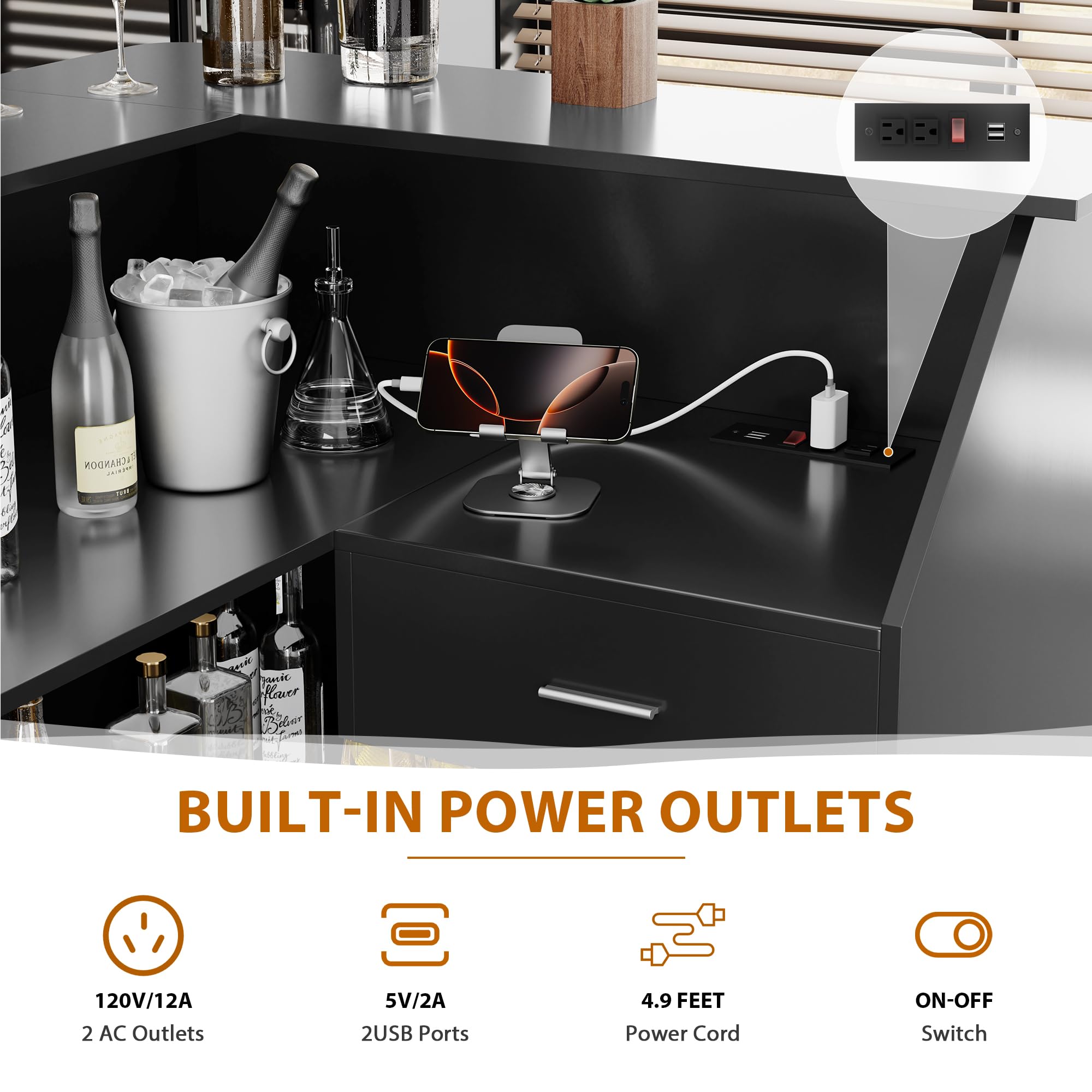 L-Shaped Corner Bar Cabinet with Power Outlet