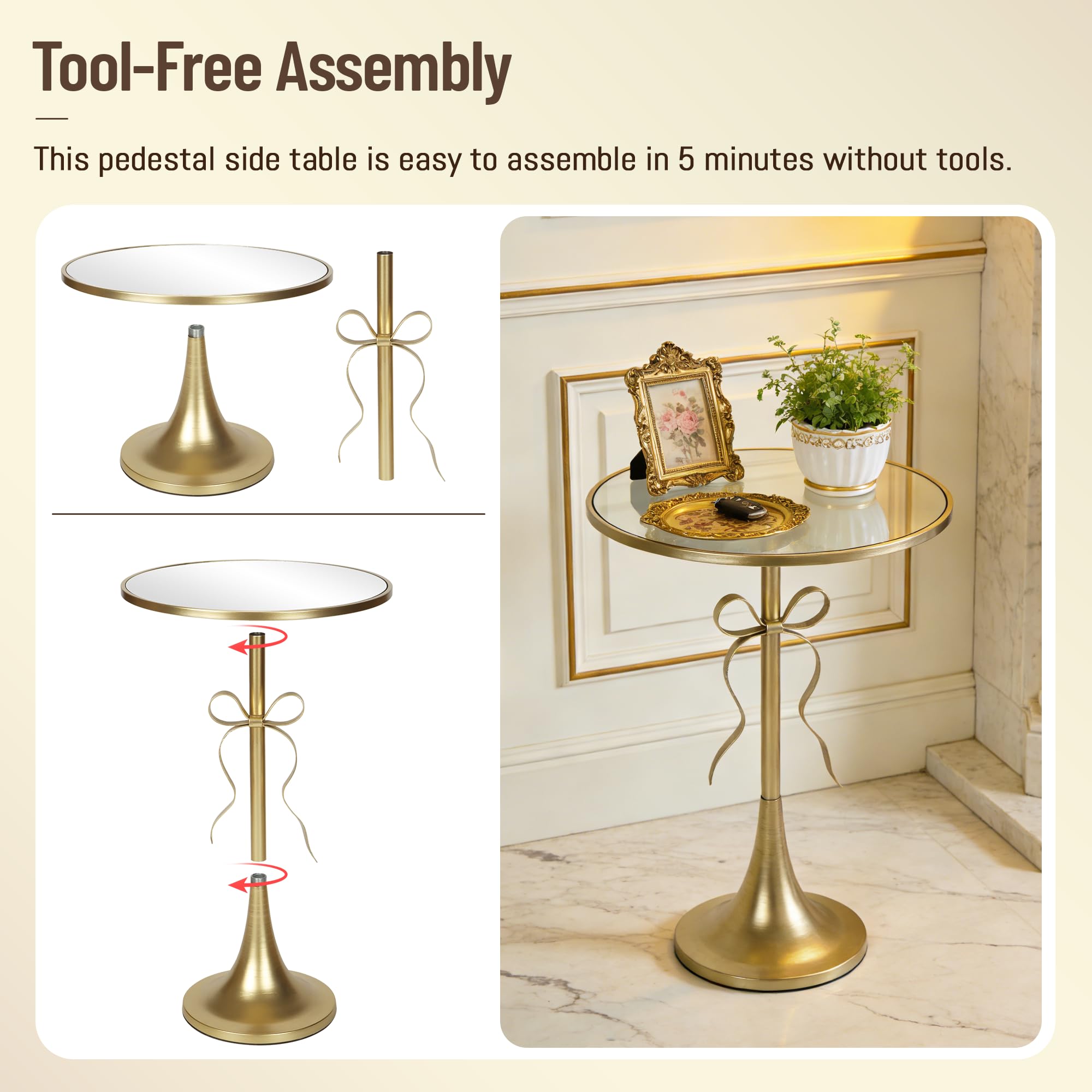 Aoligrace Gold Metal Side Table, Retro Bow Pedestal End Table with Mirror Tabletop, Decorative Martini Drink Table for Small Space, Living Room, Couch, Patio