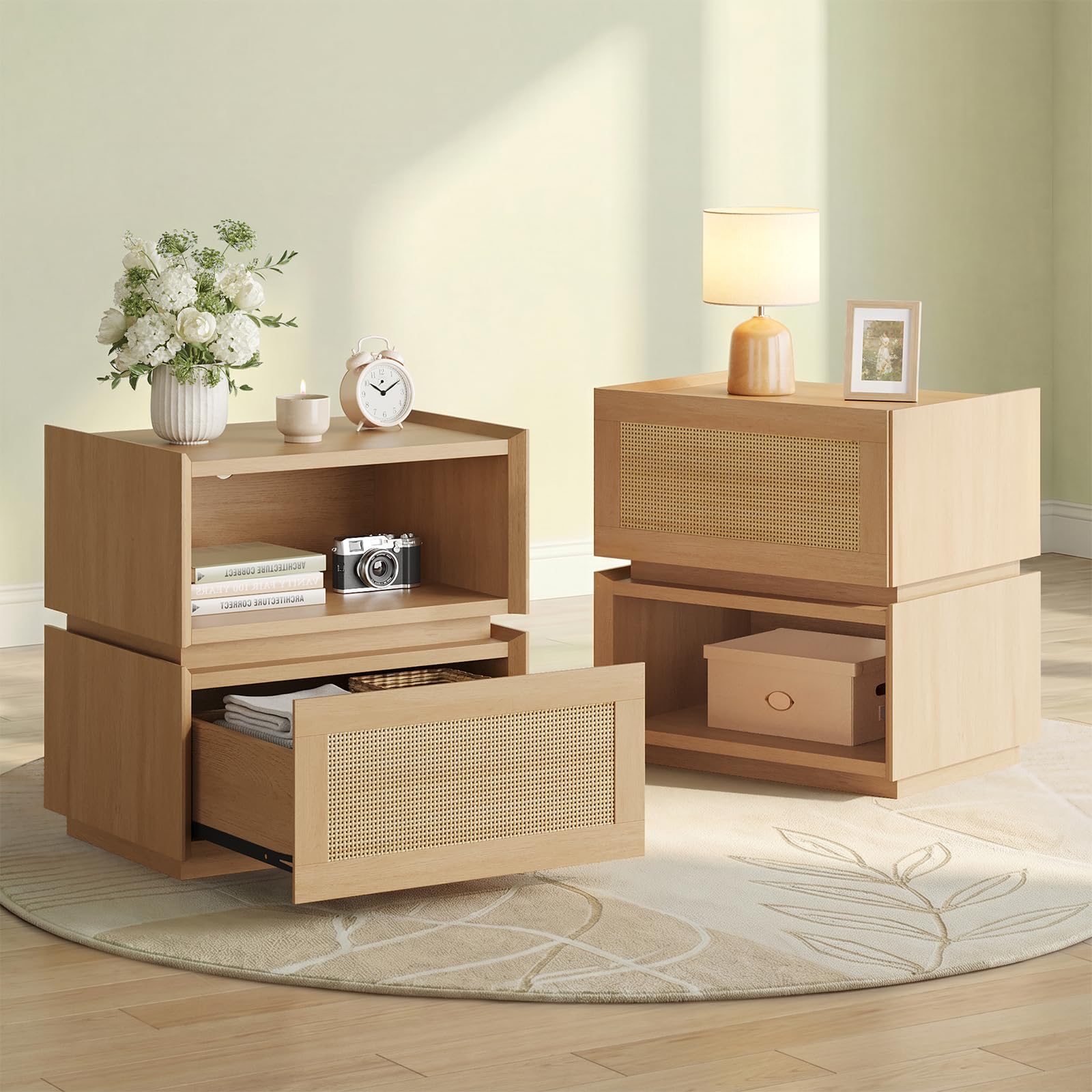 Sikaic Rattan Nightstand Set of 2, Modular Stackable Side Table with Drawer, Bedside End Table with Open Shelf for Bedroom, Small Spaces Natural