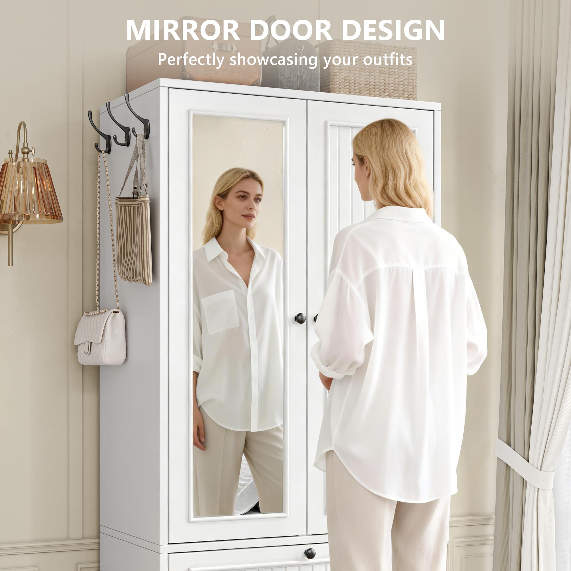 Einhomn 70" Armoire Wardrobe Closet with Doors & Mirror,Wooden Wardrobe with Drawers and 3 Side Hooks,Large Freestanding Bedroom Storage Wardrobe Cabinet,White