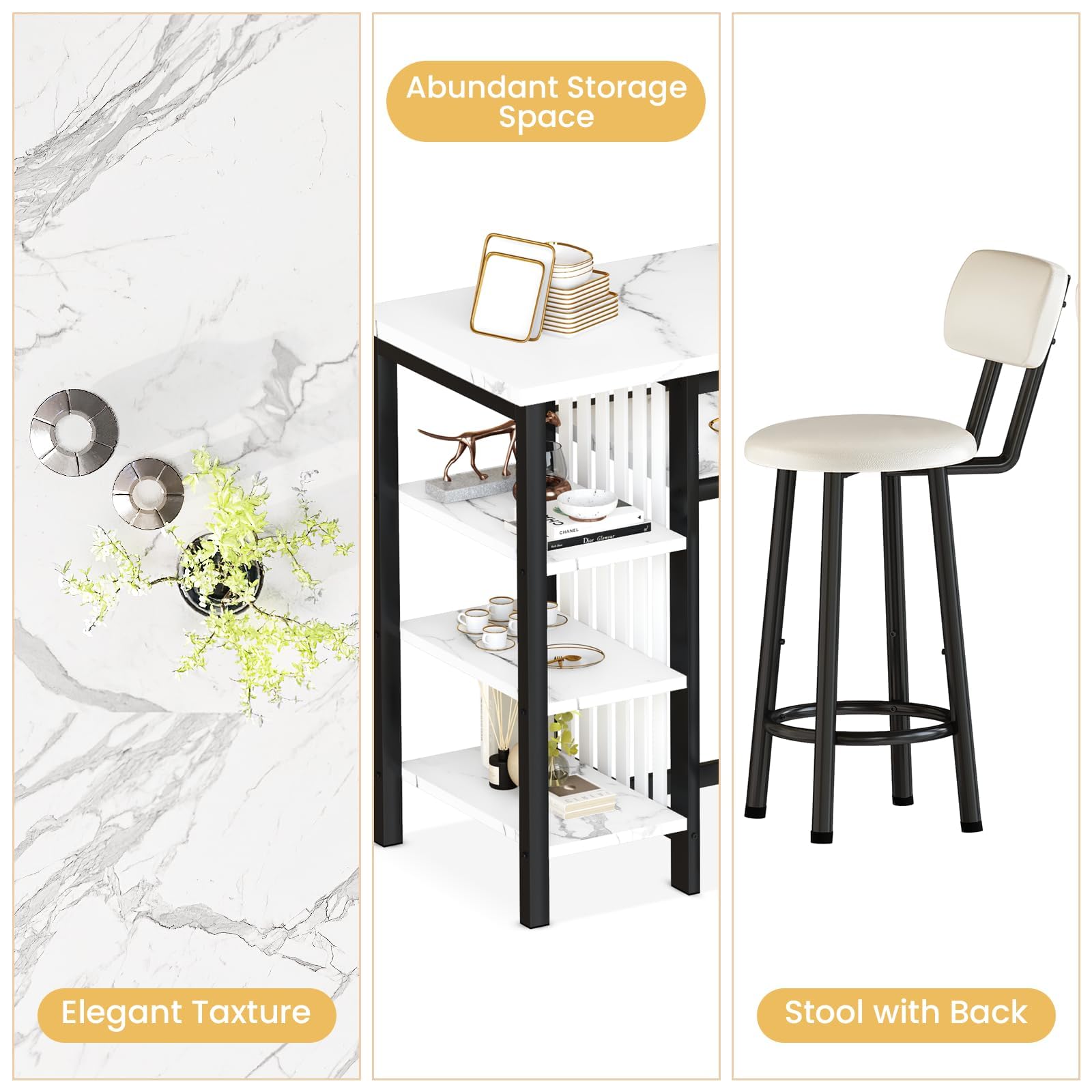 AWQM 3-Piece Bar Table and Chairs Set, Modern White Faux Marble Table with 2 PU Cushion Bar Stools, Kitchen Counter with 3 Tier Storage Shelves, Space Saving Table for Home & Kitchen, Black Frame