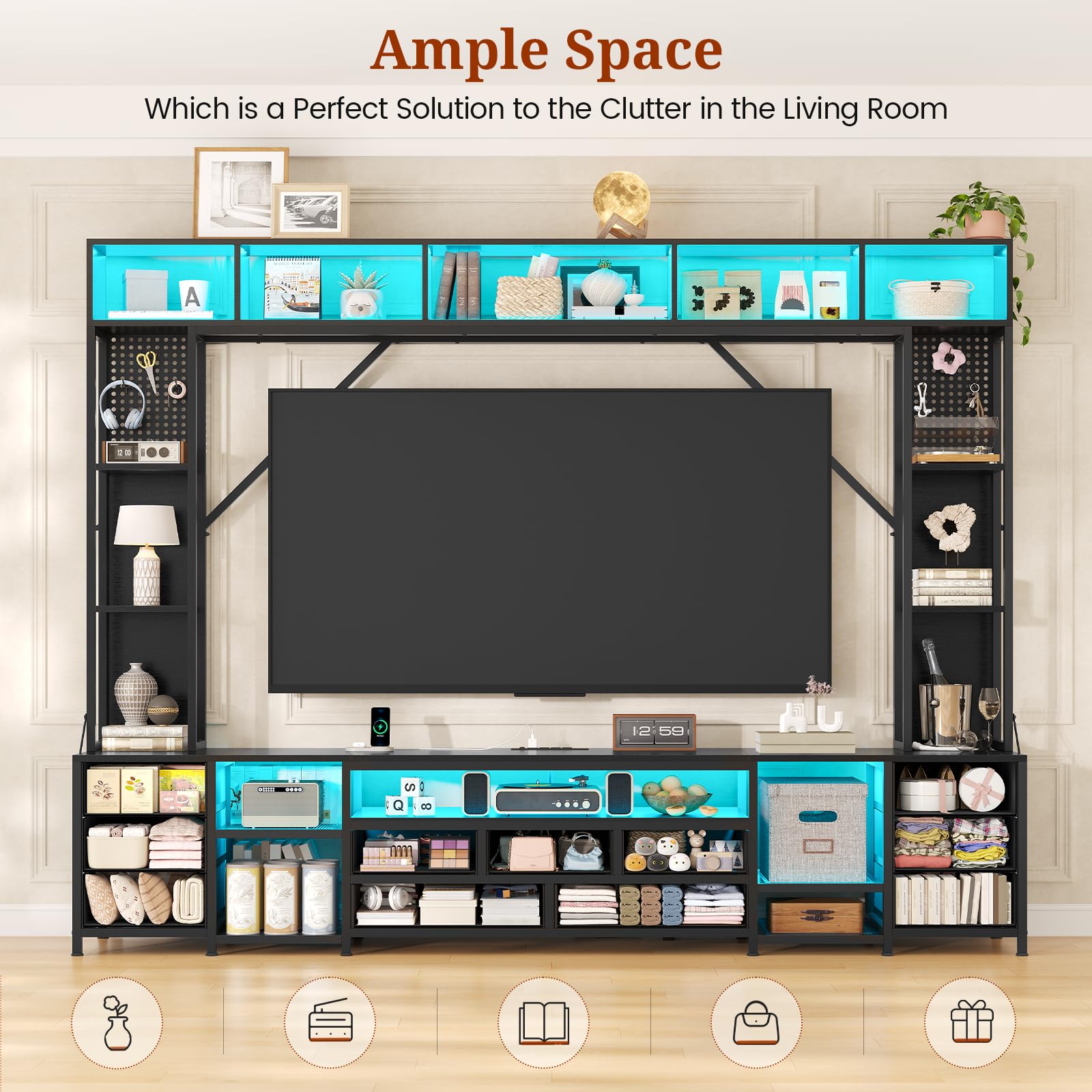 UPOSOJA Large Entertainment Center with 11 Fabric Drawers & LED Lights, Wall Unit TV Stand for Living Room Bookshelves for TVs up to 45"-75", Modern Industrial Style TV Stand