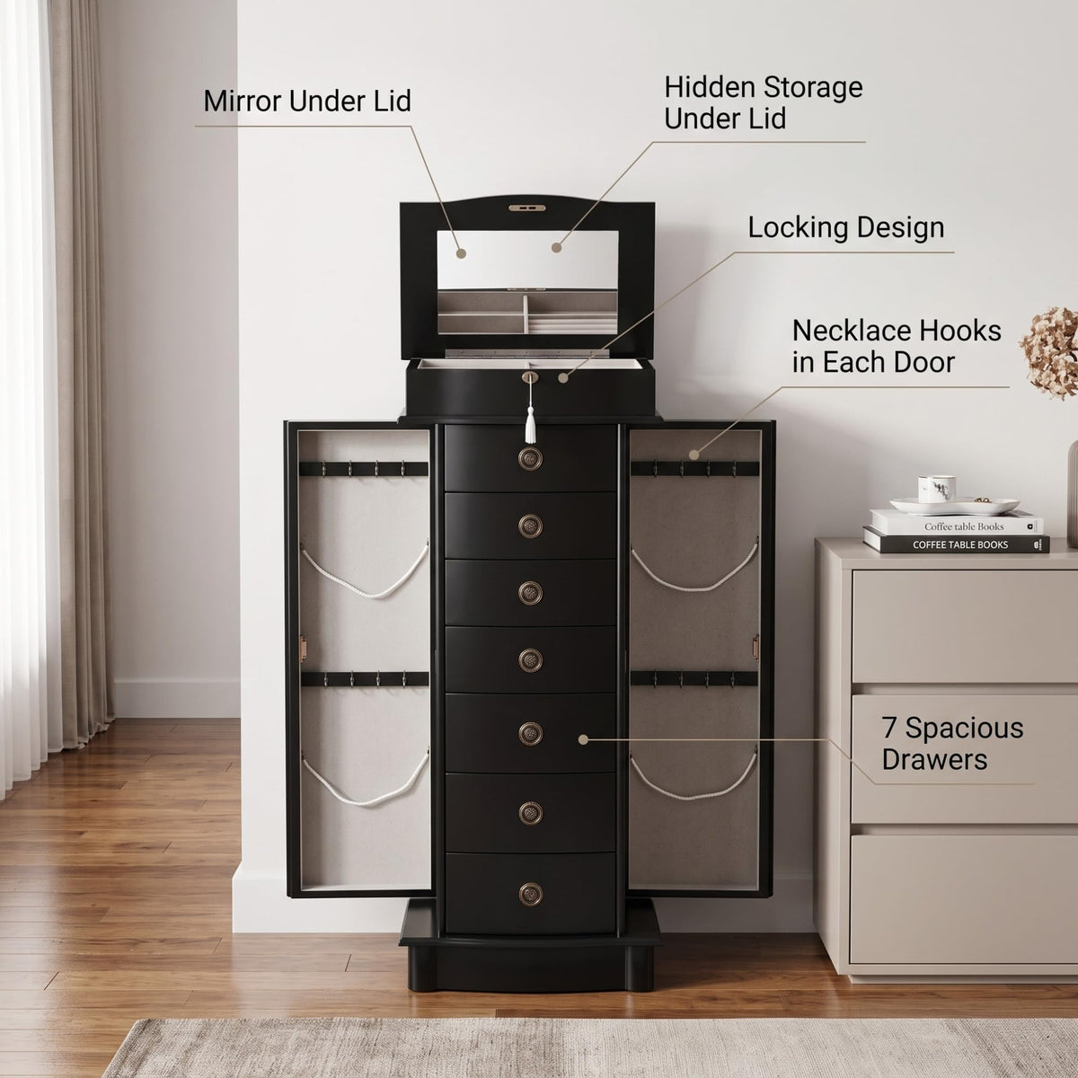 Black Locking Jewelry Armoire