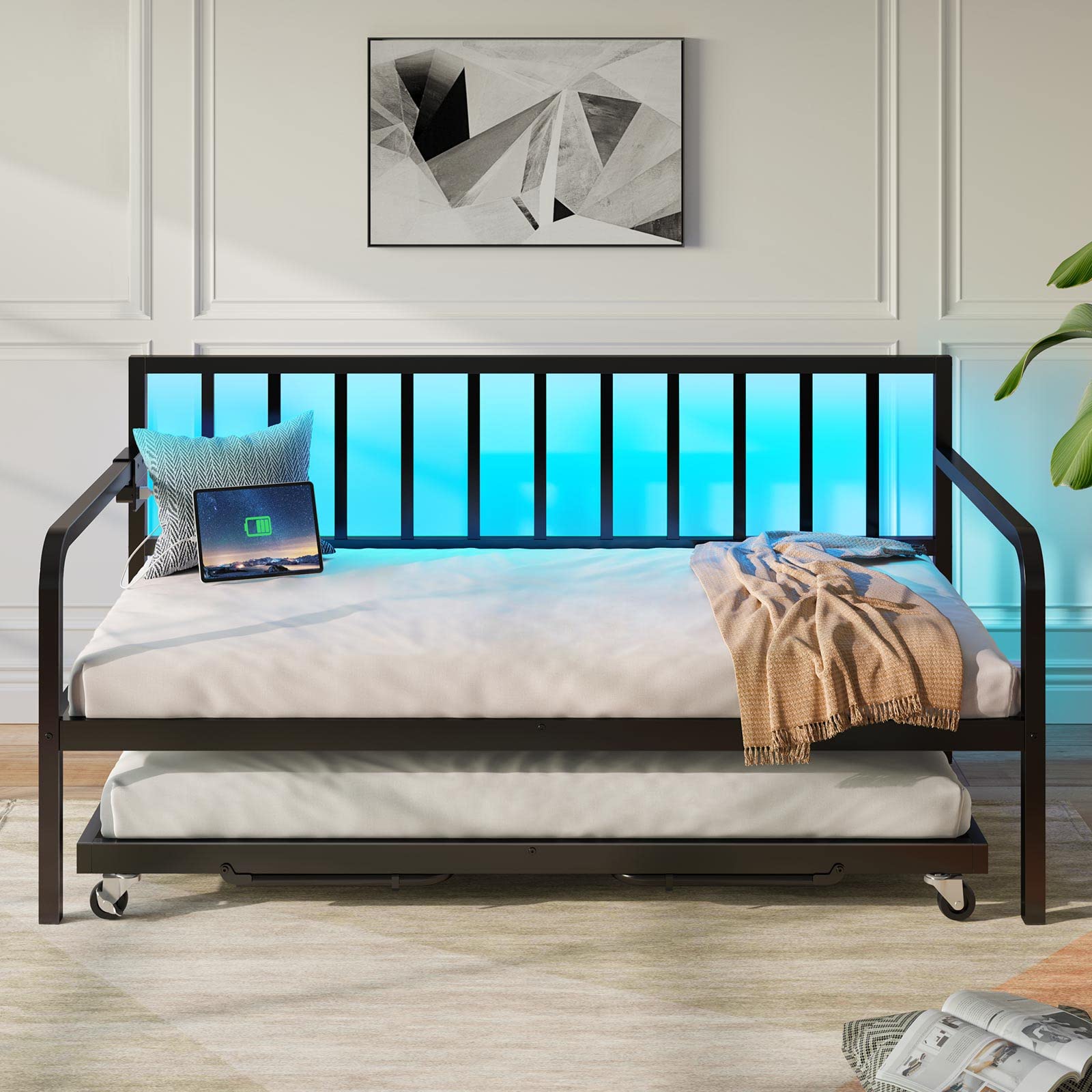 Twin Daybed with Trundle, Charging Station & LED Lights