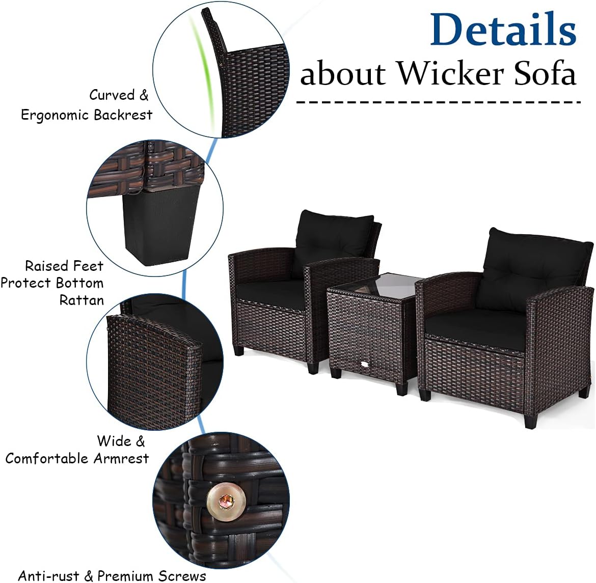 3-Piece Outdoor Rattan Conversation Set with Cushions & Glass Table