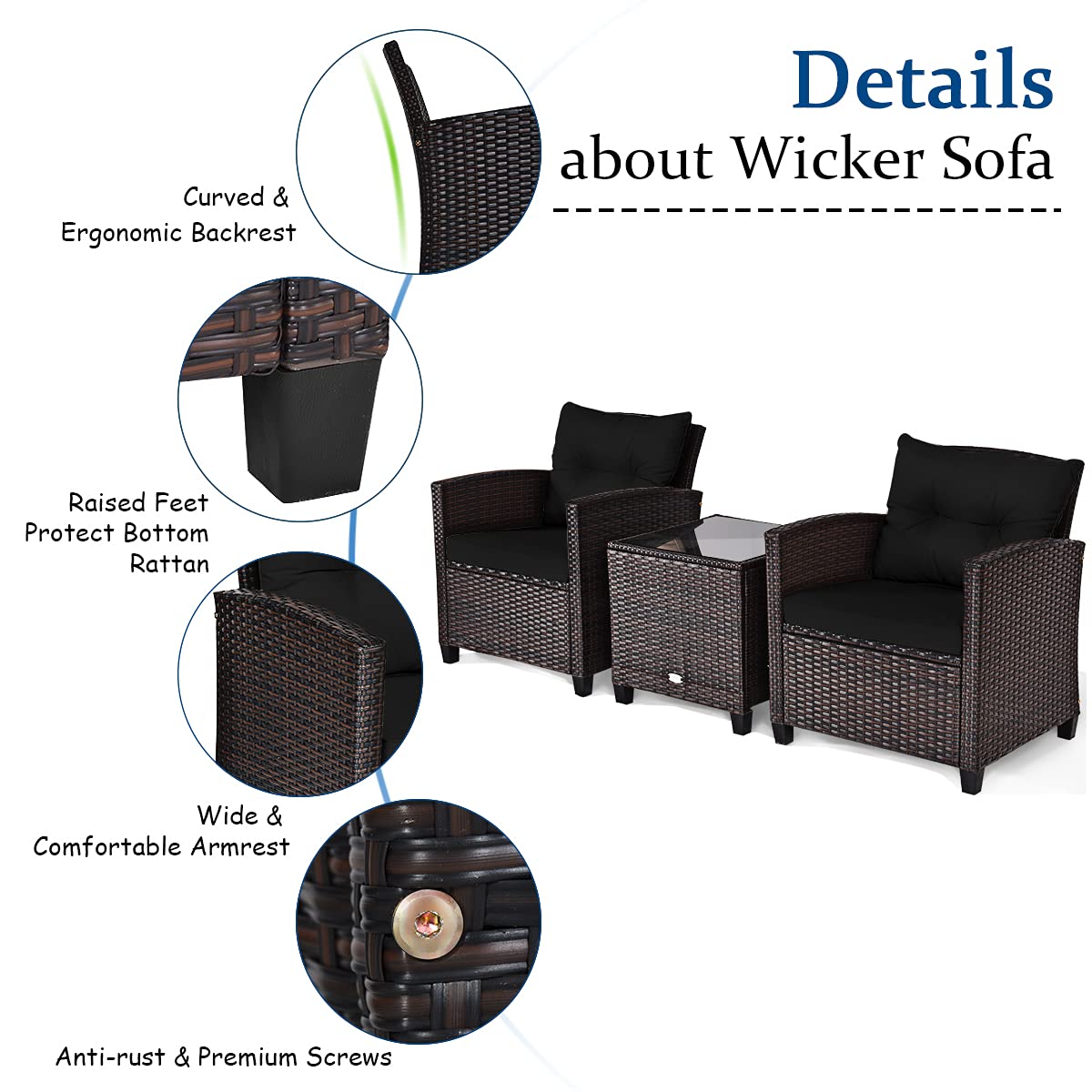 3-Piece Outdoor Rattan Conversation Set with Cushions & Glass Table