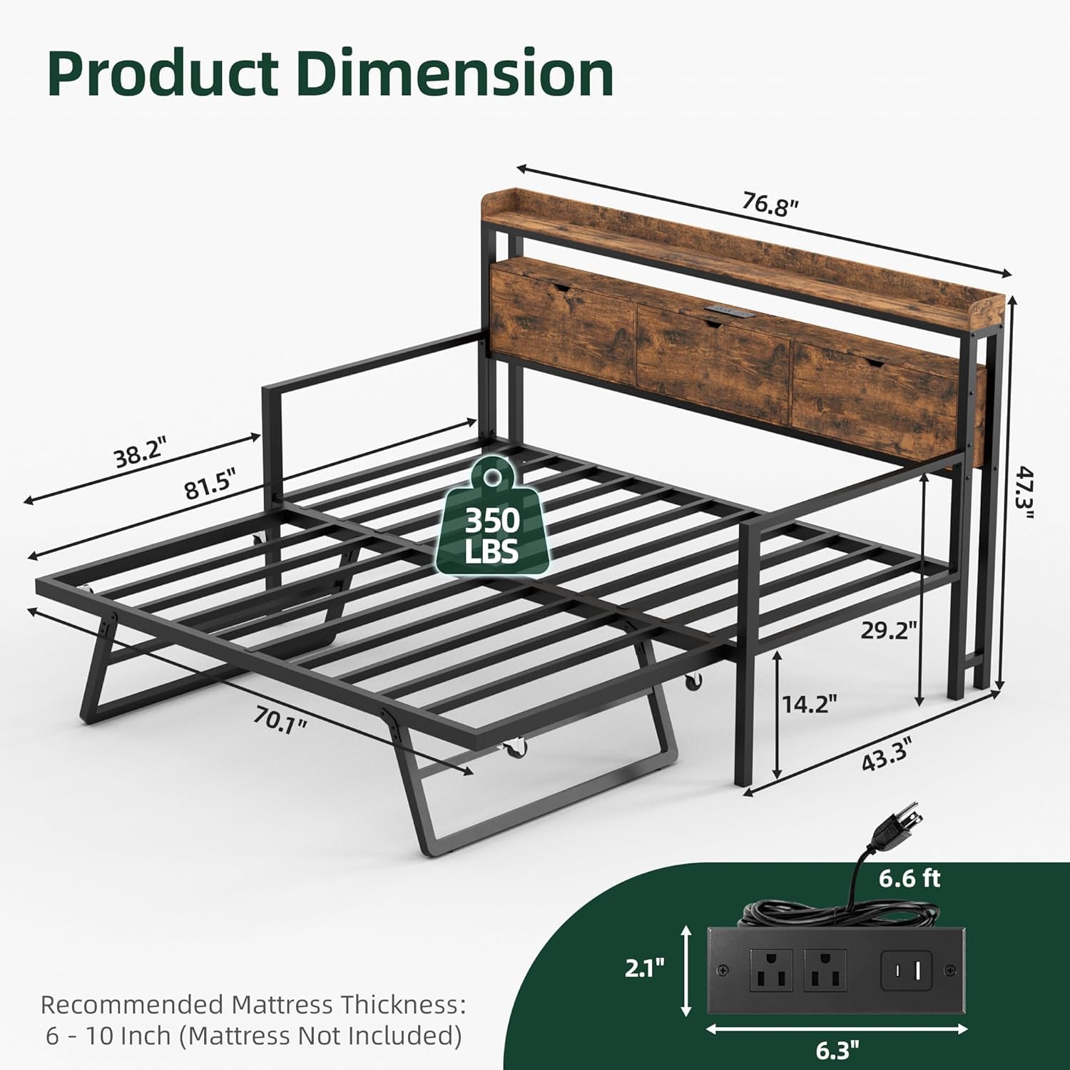 MU Twin Daybed with Trundle and Storage Headboard, Heavy Duty Metal Twin Bed Frame with Charging Station & LED Light, Day Bed with Pop Up Trundle Bed Twin for Living Room, Bedroom, Rustic Brown