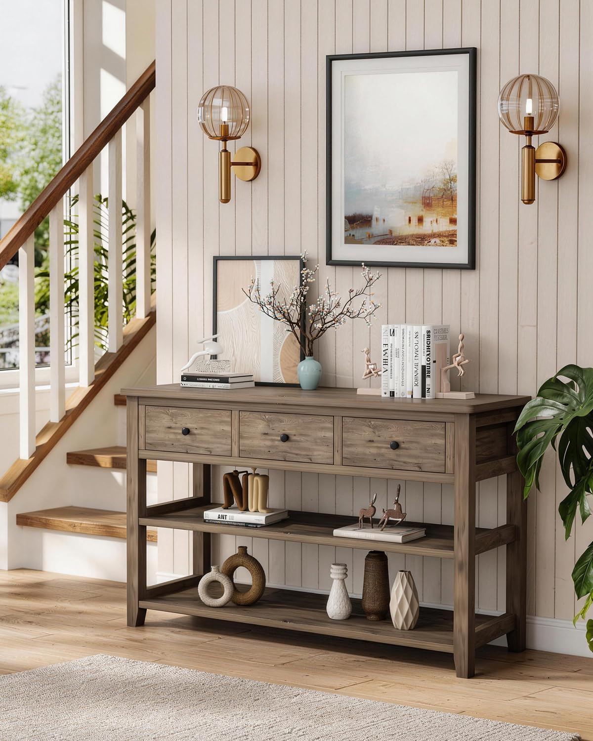 Console Table with 3 Drawers & 2-Tier Shelves