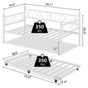 IDEALHOUSE Twin Daybed with Trundle, Metal Trundle Bed, Sofa Bed Frame, Heavy Duty Metal Slats, for Living Room, Bedroom, Guest Room, Space Saving, Modern White