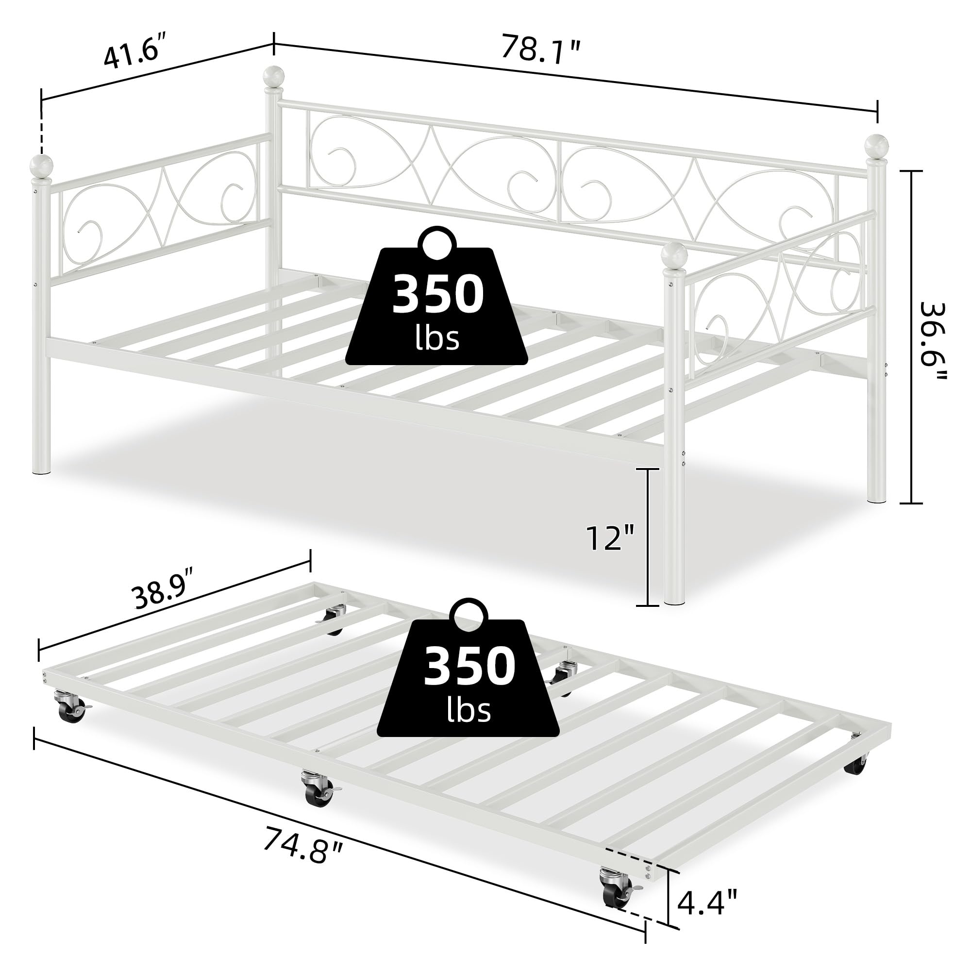 IDEALHOUSE Twin Daybed with Trundle, Metal Trundle Bed, Sofa Bed Frame, Heavy Duty Metal Slats, for Living Room, Bedroom, Guest Room, Space Saving, Modern White