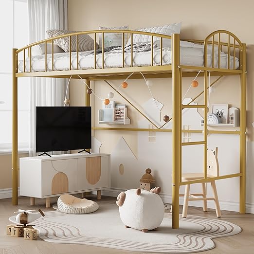 Twin Size Metal Loft Bed Frame with Arched Guardrail & Safety Ladder