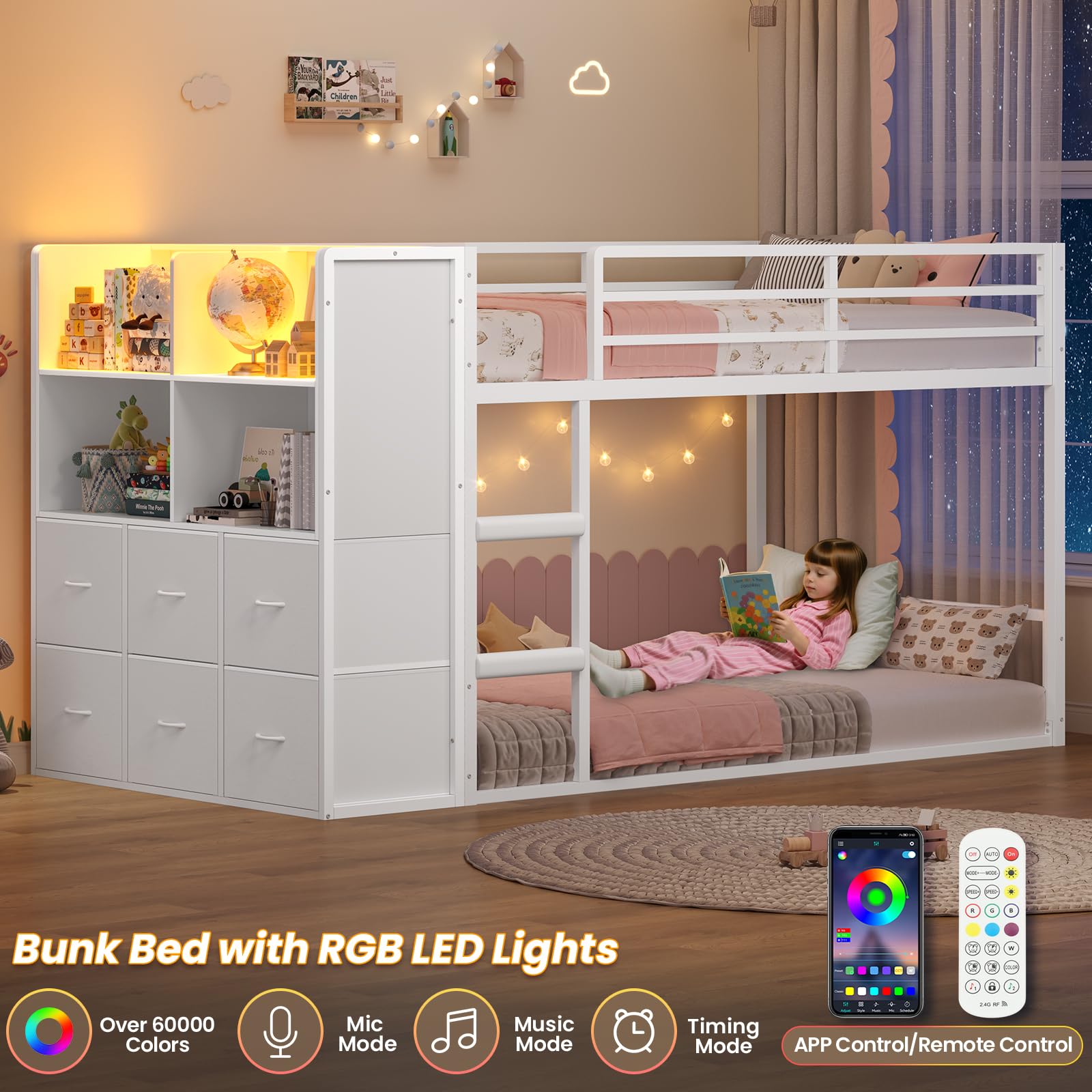Twin Over Twin Bunk Bed with Storage & LED Lights