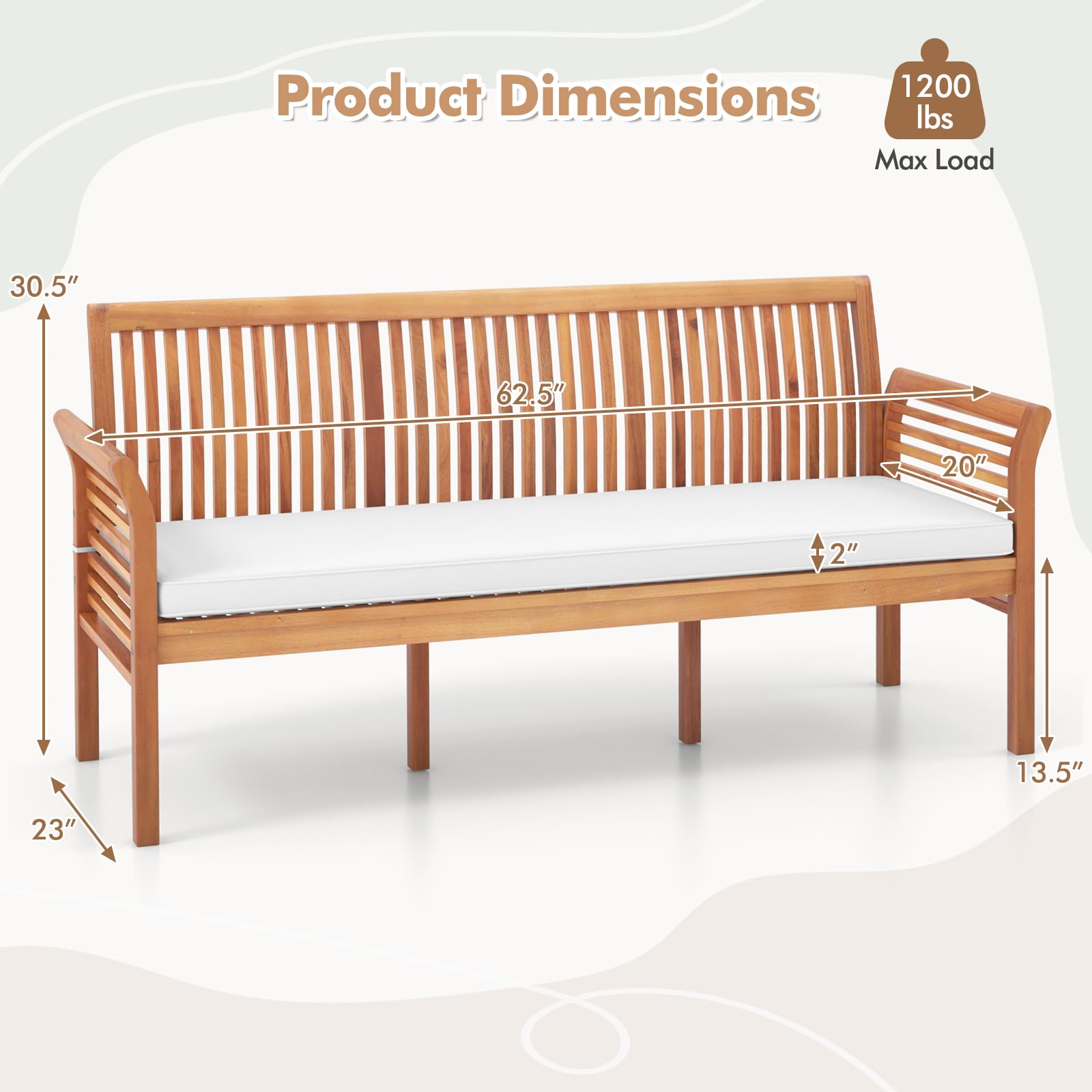 3-Seat Outdoor Wood Bench with Cushion