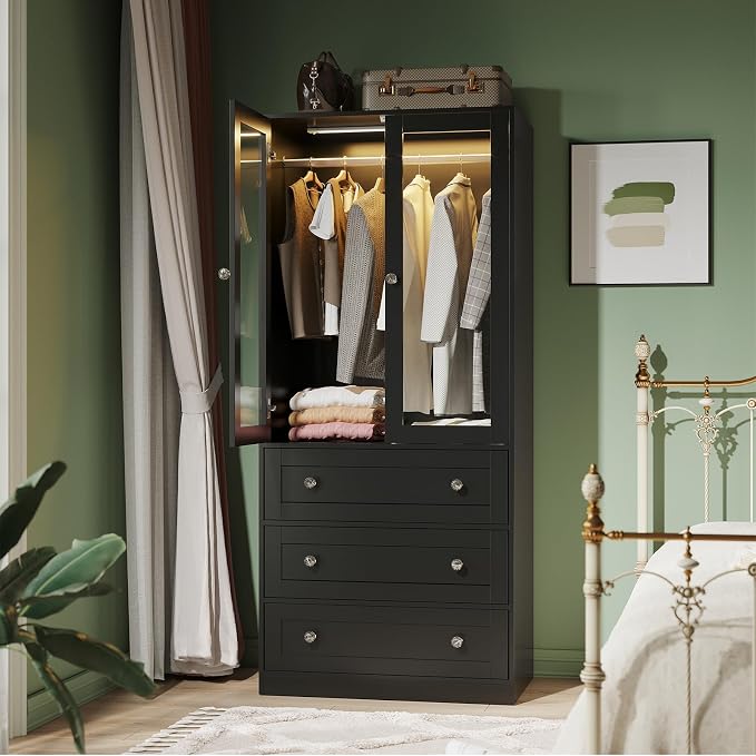 Glass Door Wardrobe with LED Lighting