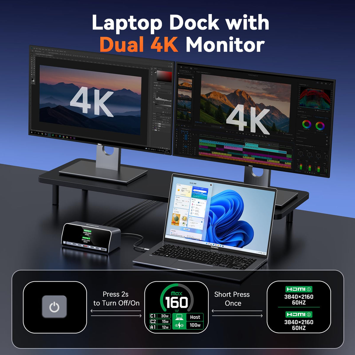 TobenONE Docking Station Dual 4K Monitor for Windows, 160W GaN+ LCD Display