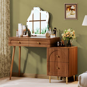Chrangmay Walnut Stylish Corner Makeup Vanity Table，Vanity Desk with Lighted Mirror and 4 Spacious Drawers,Bedroom Essential Dressing Table with Nightstand，Modern Minimalist Writing Desk for Girls