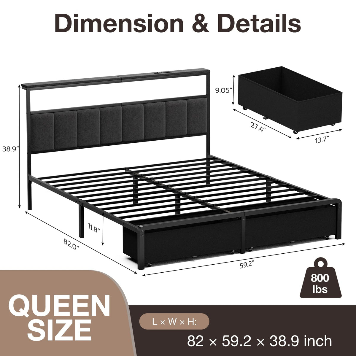UHTN Queen Bed Frame with 2 Storage Drawers, Grey Upholstered