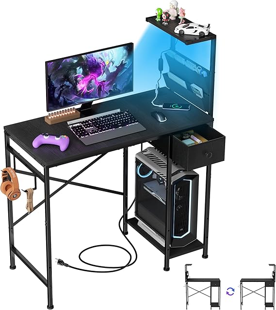 L-Shaped Gaming & Office Desk with LED Lights & Power Strip