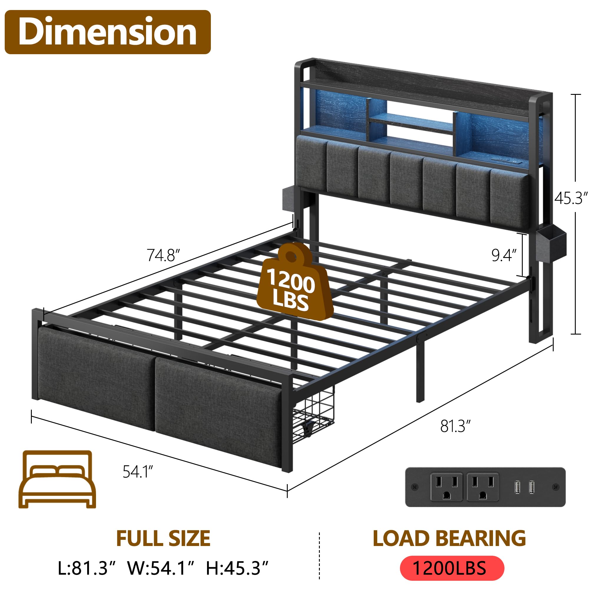 Furnulem Full Size Bed Frame with Upholstered Headboard, Bed Frame Full with Storage Drawers, Charging Station & LED Lights, Metal Platform No Box Spring Needed, Noise Free, Black (1200 lbs Capacity)