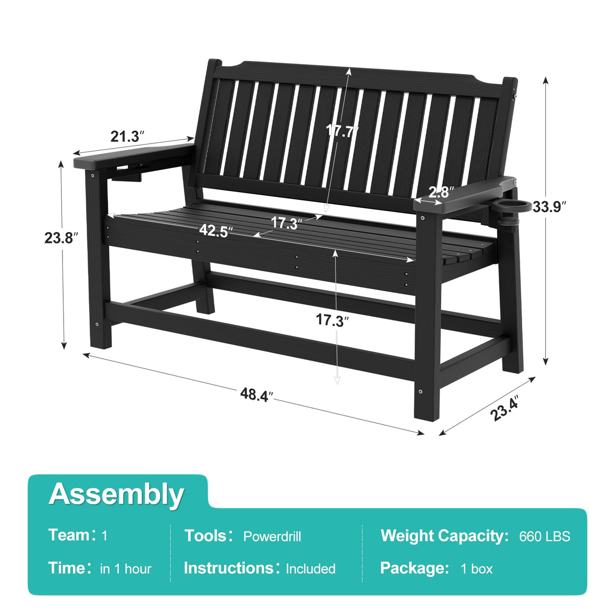 WELYAS HDPE Outdoor Bench for Porch, 48" Weatherproof Easy Assemble,Black