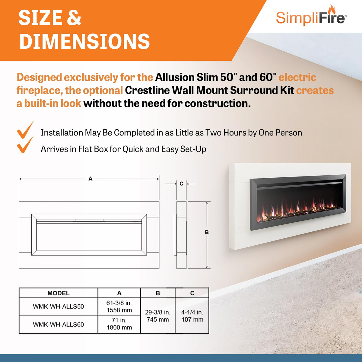 SimpliFire Allusion Slim 60" Electric Fireplace, Fully Recessed or Wall Mounted, 9 Flame Colors, Black & Clear Crystals, Logs, 13 Ember Bed Colors, Remote Control, Adjustable Heat, 750-1500W